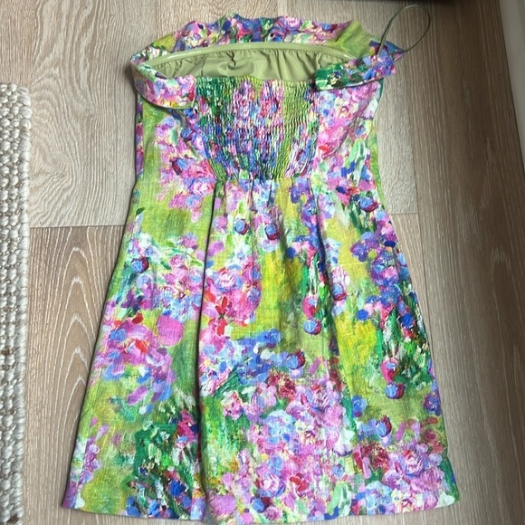 MOTF Linen Floral Print Shirred Back Strapless Mini Dress Large - Picture 4 of 12